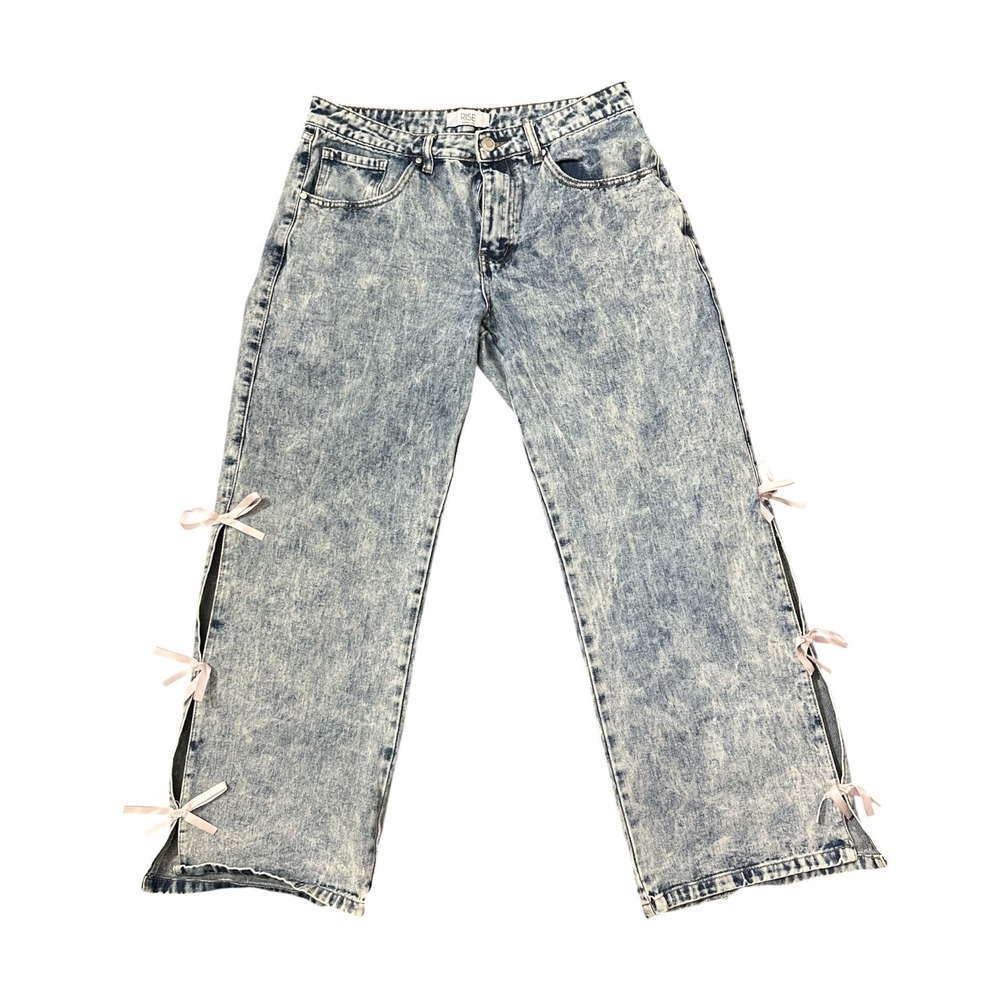 Rise Supply Co Acid‎ Wash Wide Leg Jeans Pink Bow Side Slit Blue Juniors Size 13